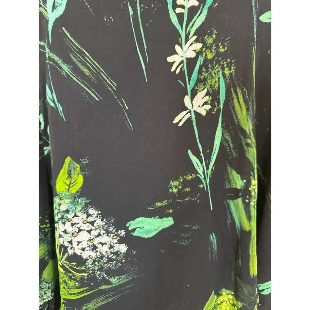 Secret Mission Silk Daisy Floral Dress Womens Medium Black Green Sheer Tiered - Picture 7 of 10